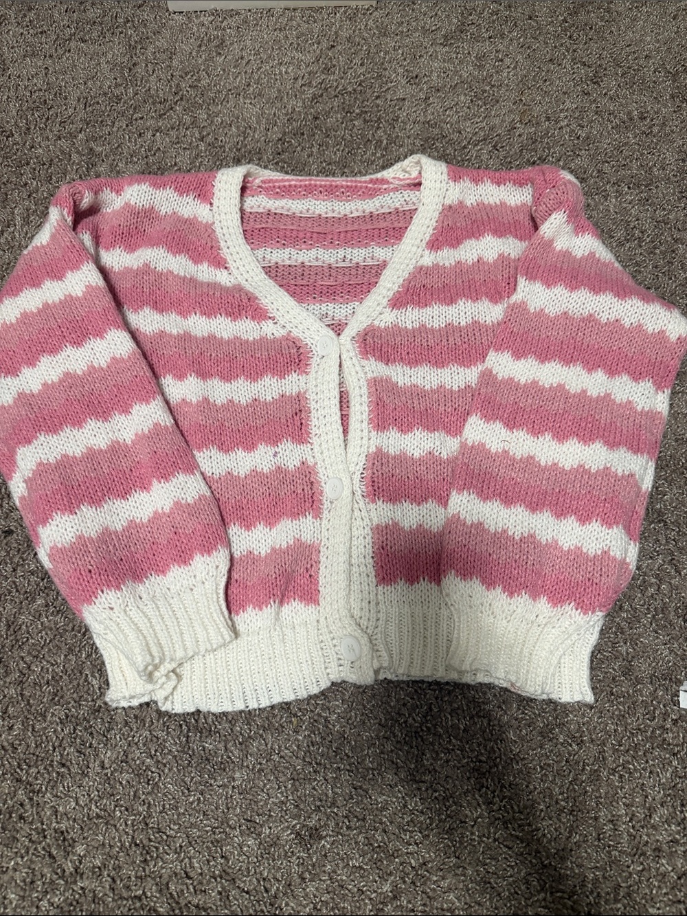 SHEIN Pink and Cream Striped V-Neck Cardigan